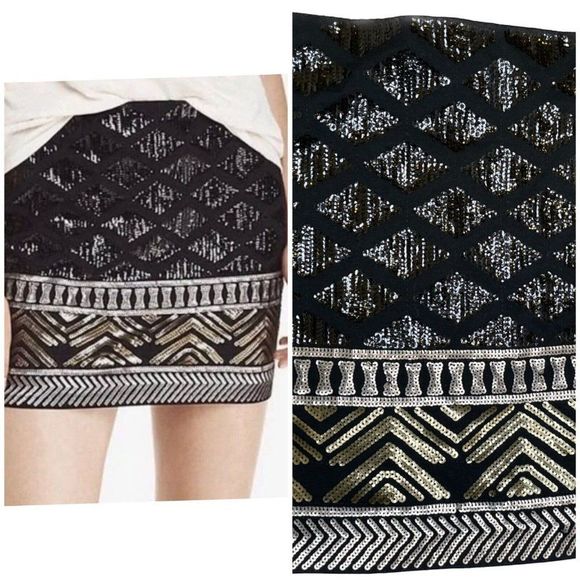 Express Med. Women's Sequin Mini Skirt Sparkle Geometric Pattern Lines Stretchy - Picture 3 of 15
